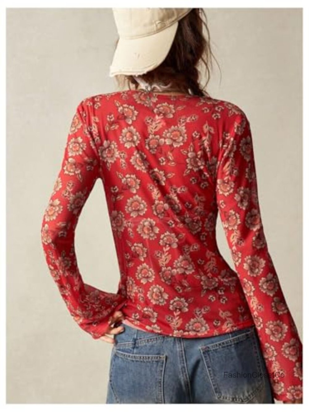 Long Sleeve V Neck Floral Print Button Down Blouse Fitted Tops - Picture 3 of 7